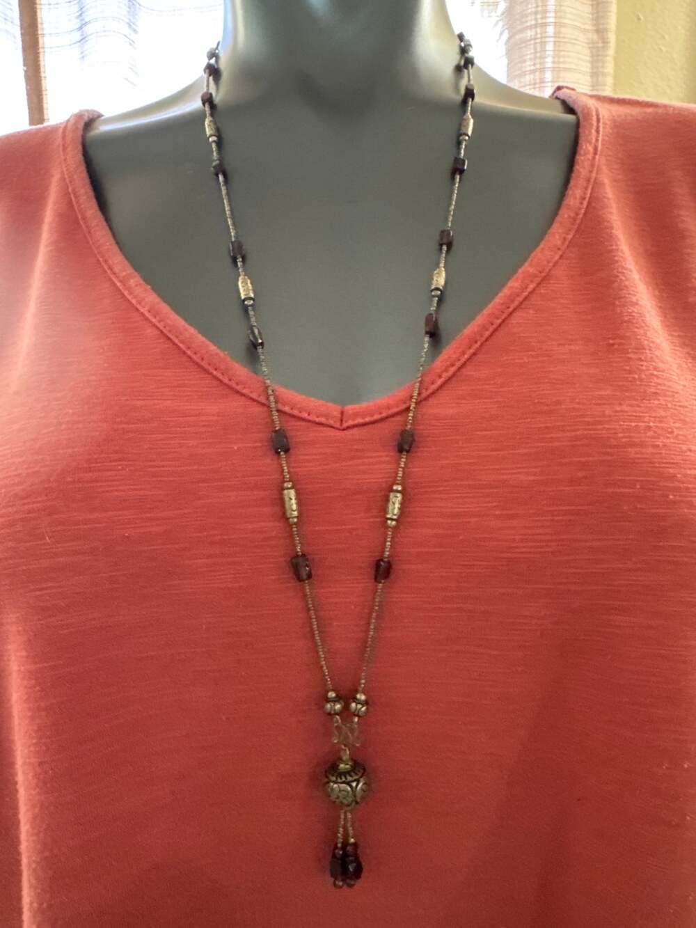 32” Necklace Purple & Silver Tone Engraved Beads Silver Tone Chain Tassel Bottom